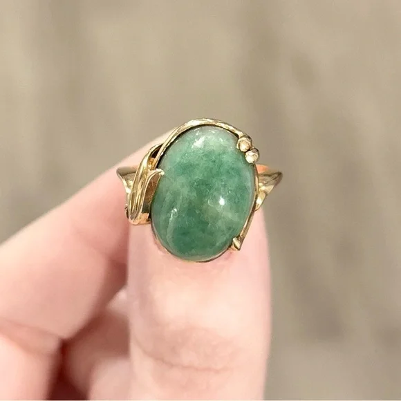 14K Large Aventurine Jade natural sparkling medium green vintage solid gold ring - Picture 3 of 11